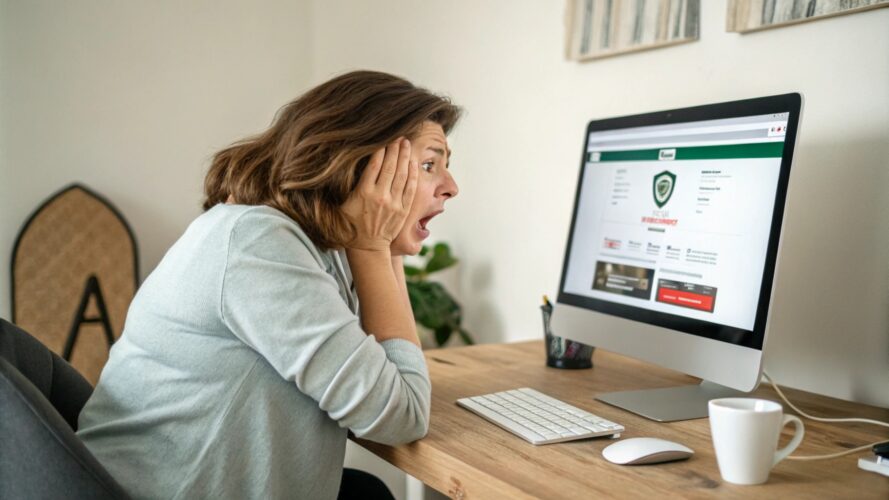 a woman in front of his computer panicked after ha