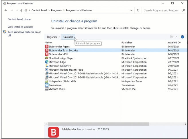 uninstall bitdefender windows