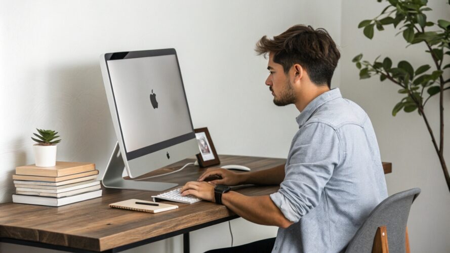 a guy in front of a mac computer