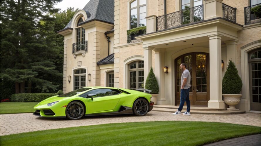 a man standing next to a beautiful neon green spor