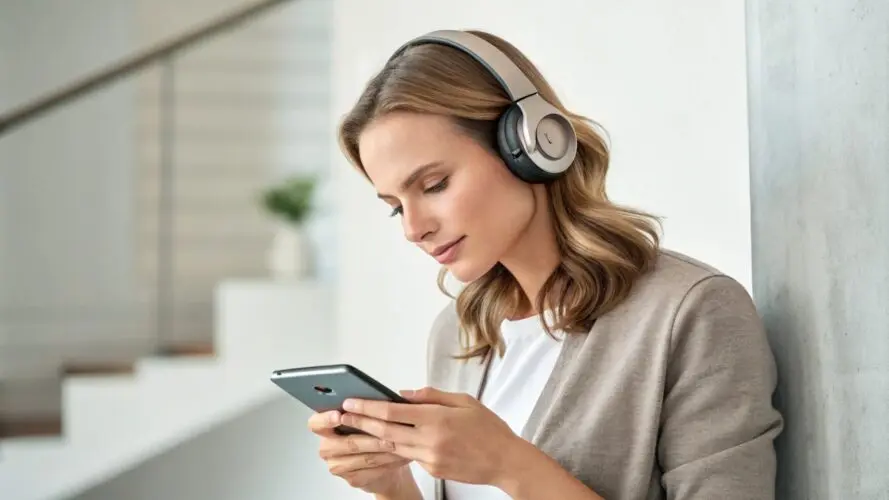 a woman facing her phone with headphone on her hea