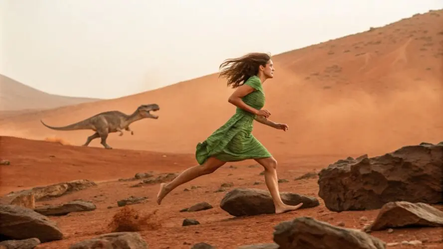 a woman with a green dress running barefoot on the